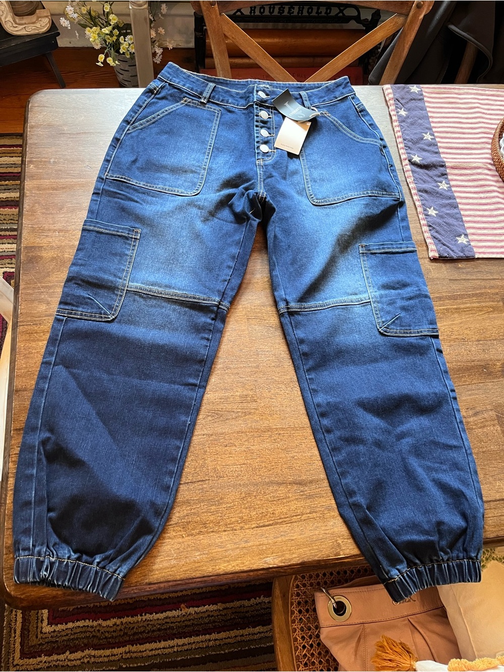 NWT Flamingals Button Fly Dark Wash Cargo Jeans